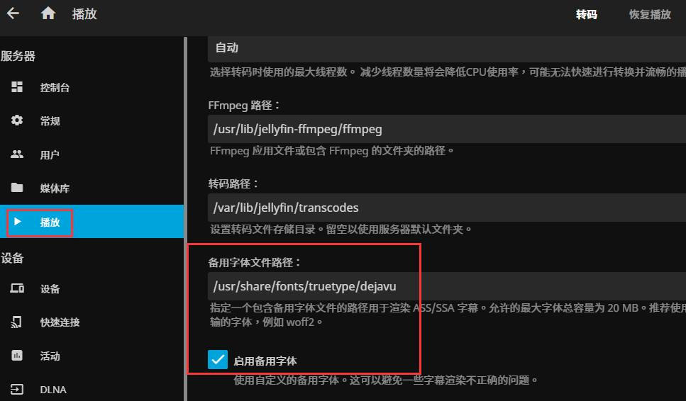 Jellyfin启用备用字体
